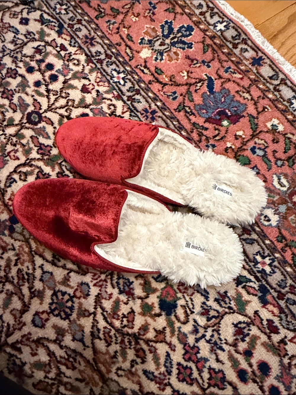 BIRDIE Phoebe Red Velvet Faux-Fur Lined Slip-On Mules NEW